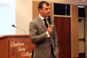 Federico Vicente, Salvation Army SAFE-T Community Outreach Coordinator, speaks during Not for Sale: Sex Trafficking in Nebraska, a conference hosted by Chadron State College Social Work majors Wednesday, Nov. 1, in the Student Center Ballroom.