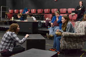 Courtney Smith, left, and Mia Adams rehearse a scene in the Chadron State College production of Stop Kiss by Diana Son.