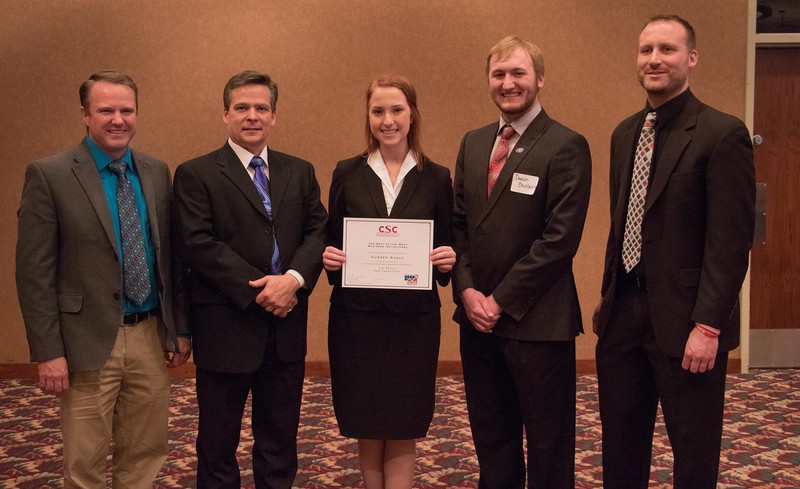 The top winner in the Best of the West Business Invitational, job interview division, poses in the Chadron State College Student Center Feb. 2, 2018