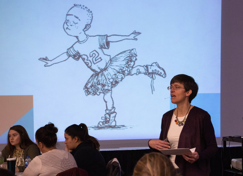 Keynote speaker Heather Schumaker talks about taking healthy risks in pre-school settings during the 30th annual Excellence in Early Childhood Conference Saturday, Feb. 16, 2019, in the Student Center. (Tena L. Cook/Chadron State College)