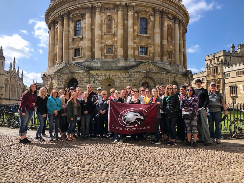 Members of the Chadron State College study abroad group pose at the Radcliffe Square at Oxford University Thursday, May 10, 2018. (Courtesy photo)