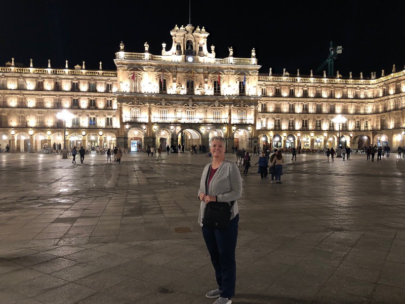 Chadron State College Professor Dr. Tracy Nobiling stands in the Plaza Mayor in Salamanca, Spain, during a program designed for college personnel who help facilitate Study Abroad programs for students. (Courtesy Photo)