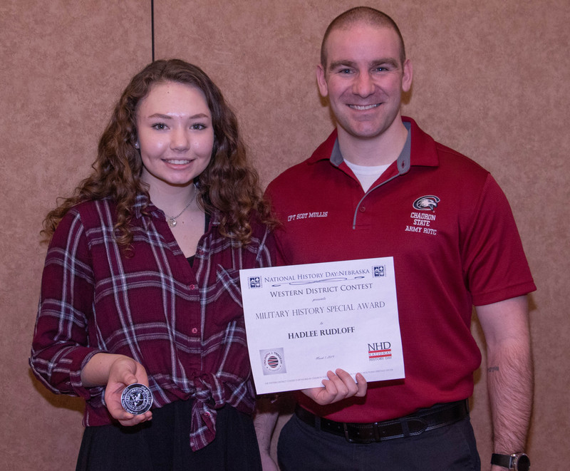 Hadlee Rudloff, winner of the Military History Special Award, poses with Capt. Scot Mullis, assistant professor at Chadron State College during the Western District History Day at Chadron State College Friday, March 1, 2019. (Tena L. Cook/Chadron State College)