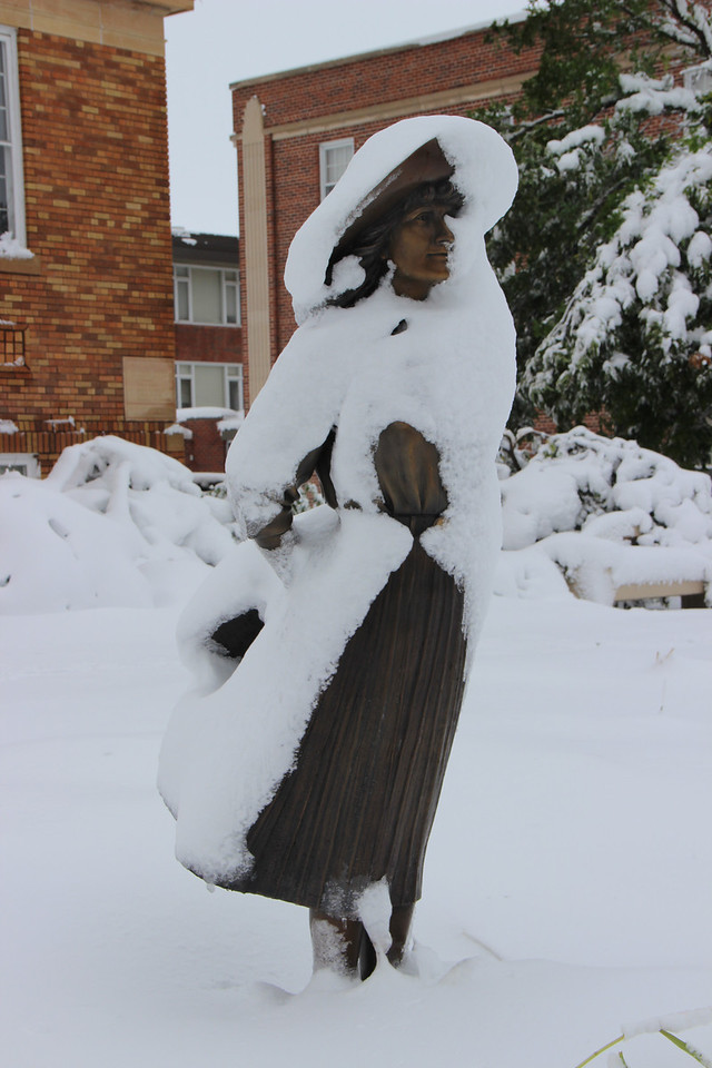 The statue of Mari Sandoz is covered in snow from this CSC file photo. (Photo by Tena L. Cook)