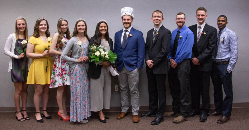 Chadron State College Ivy Day royalty, Hannah Fessler of Alliance, Neb., Gabrielle Brumfield of Pendleton, Ind., Katie Odvody of Crete, Neb., Brittany Soukup of O'Neill, Neb., Queen Kimberly Hernandez of Scottsbluff, Neb., King TJ Aanenson of Curtis, Neb., Logan Spencer of O'Neill, Neb., Justin Hartman of Valentine, Neb., Luke Fick of Loveland, Colo., and Jaisean Jackson of Denver, May 3, 2019