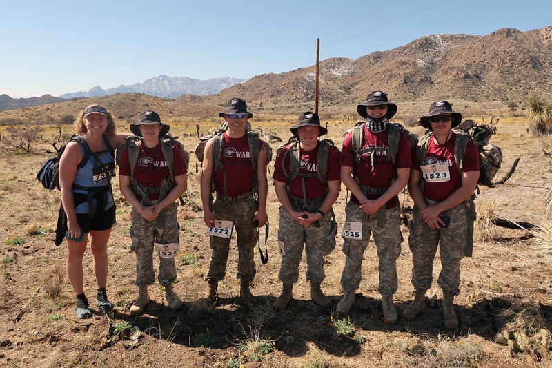 Chadron State College 2002 graduate Melissa Tatro Koss, left, poses with CSC Army ROTC cadets who were also participating in the recent Bataan Death March. Cadets, from left, Harrison Perchal, Calvin Depriest, Connor Besse, Chase Thurness, and Tristan Kreb.