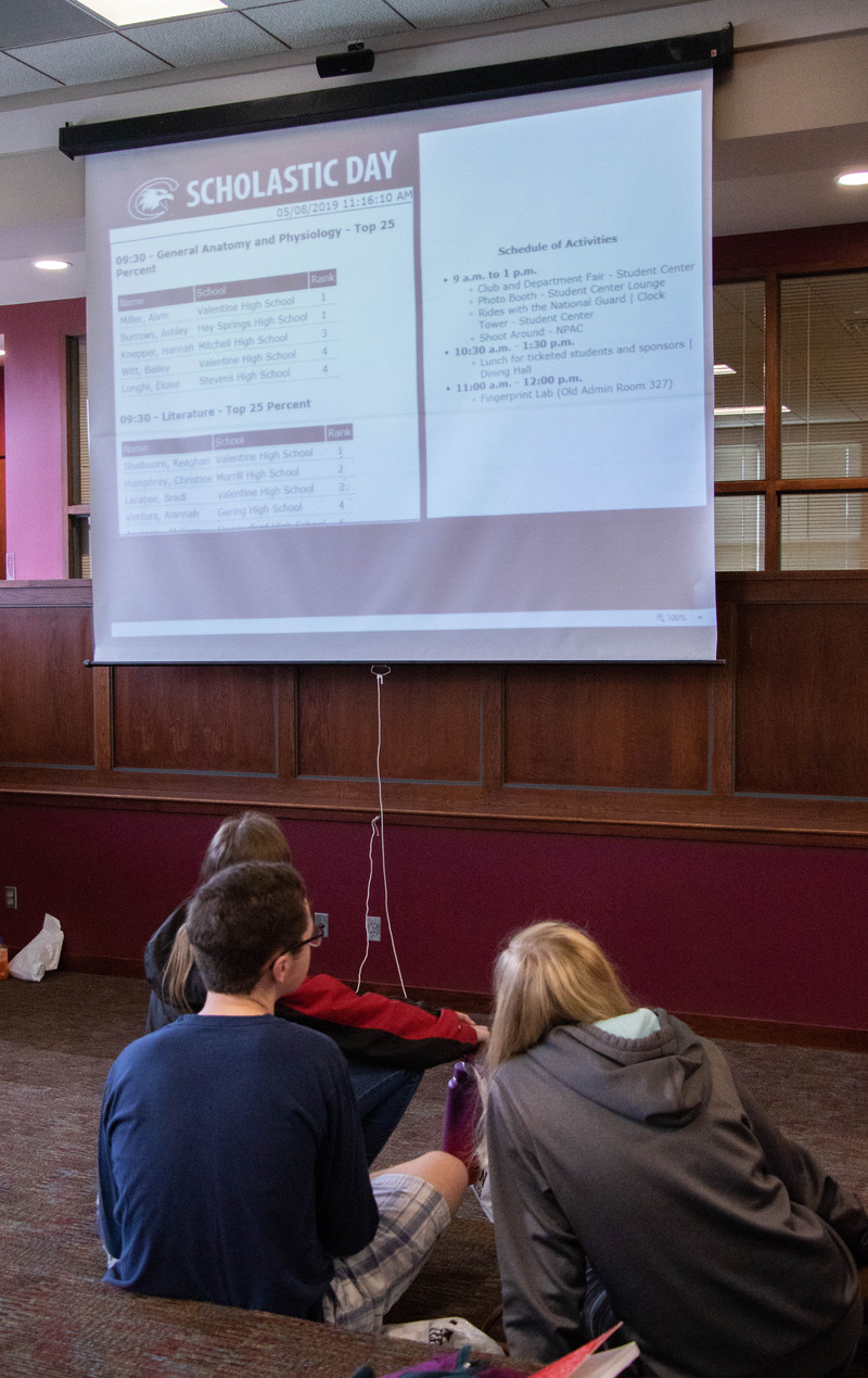 High school students watch the results of Chadron State College's Scholastic Contest in the CSC Student Center May 8, 2019.