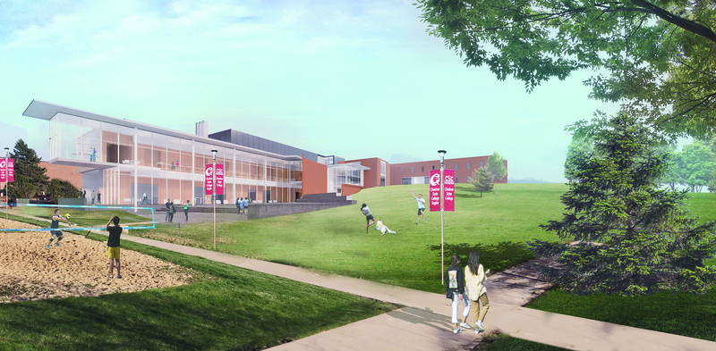 An architectural rendering of the Math Science building shows the new wing extending to the north. The project includes renovation of the two wings that comprise the original building.