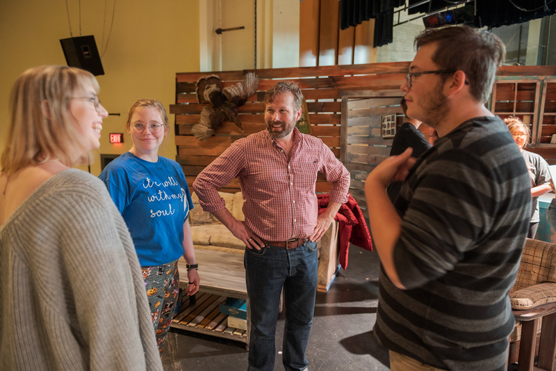 Interim Director of Theatrical Performances David Craven, center, speaks with actors Taylor Thies, far left, Casey Kukowski, right, and stage manager Courtney Smith during a rehearsal of 