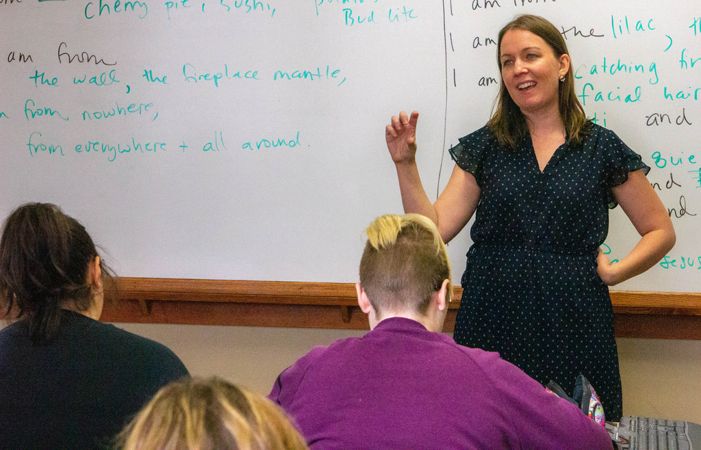 Guest author Sarah Green speaks to a Chadron State College class Nov. 21, 2019, in the Old Admin building