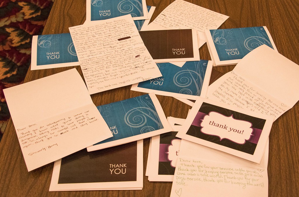 Thank you notes to service members written by Upward Bound students from Chadron, Crawford and Alliance as part of The Big Event