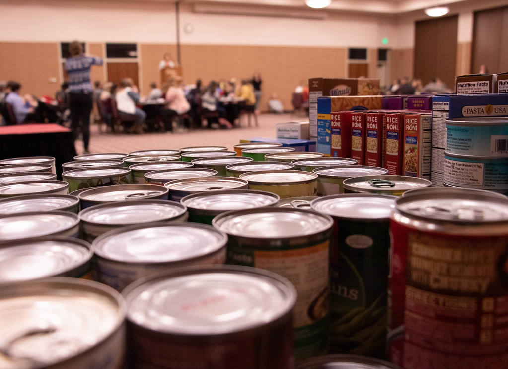 Assorted canned goods are stacked at the food pantry.