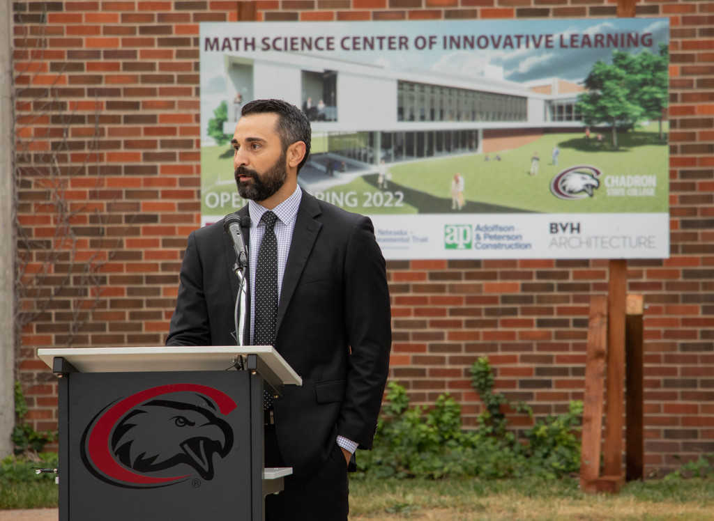 Patrick Friesen, Chair of the Chadron State Foundation Board, speaks at the Math Science Center Of Innovative Learning (COIL) ground breaking