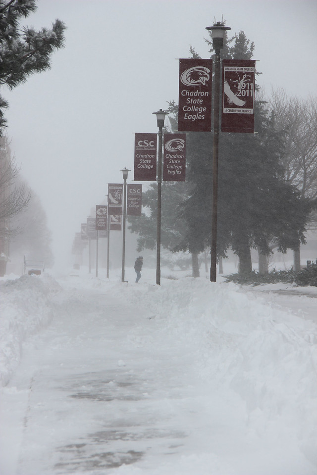 Chadron State College campus covered in snow during a blizzard