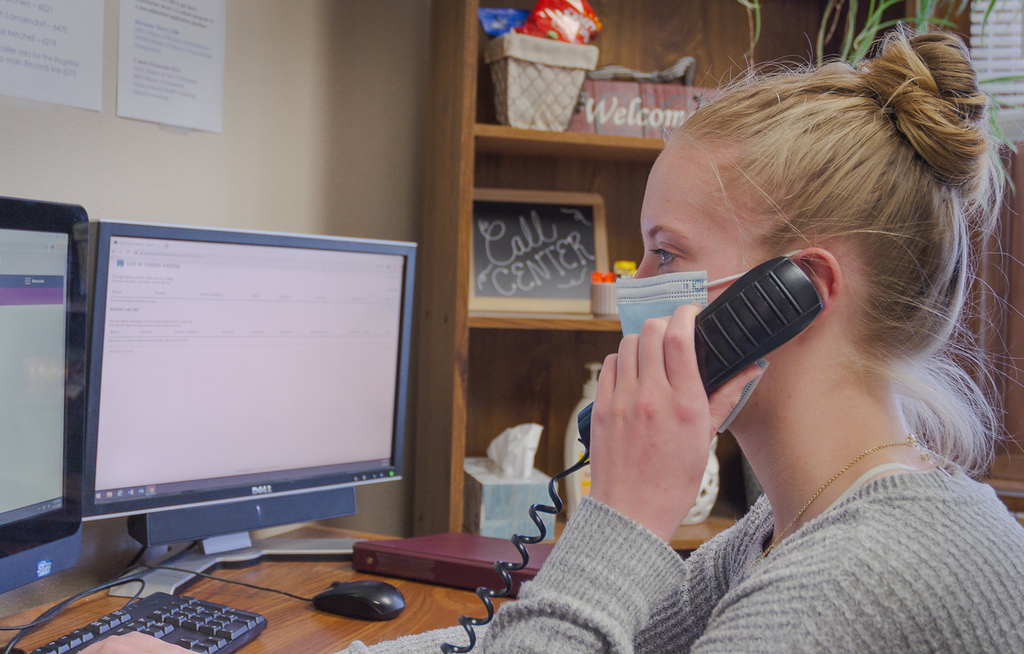 Student Sarah Reish works in the Chadron State College Call Center in Crites Hall