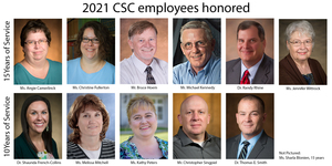 Angie Camerlinck, Christine Fullerton, Bruce Hoem, Michael Kennedy, Dr. Randy Rhine, and Jennifer Wittrock. 10 Years of Service: Dr. Shaunda French-Collins, Melissa Mitchell, Kathy Peters, Christopher Singpiel, and Dr. Thomas E. Smith