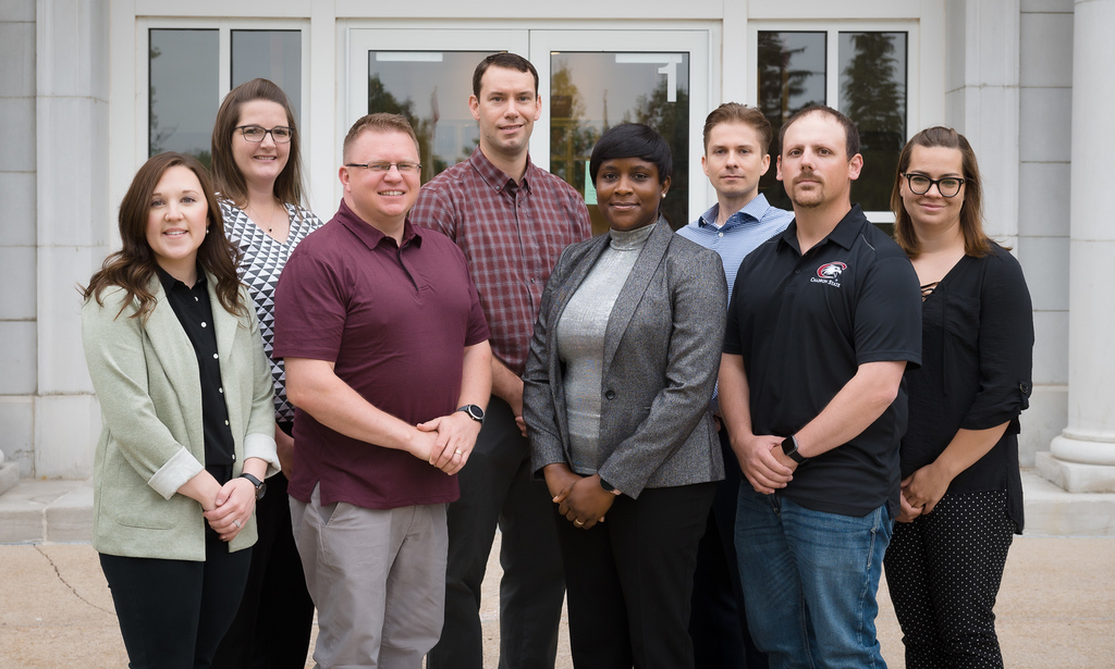 Caitlin Redden, Nicholas Fisher, Ngepu Kiawi, Jonathan Spiess. Back row: Elizabeth Kraatz, Grant Sasse, Charles Bishop, Sara Grant