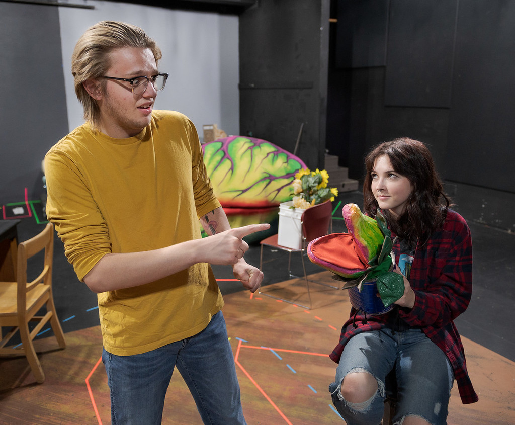 Two CSC theatre students practice for the Little Shop of Horrors