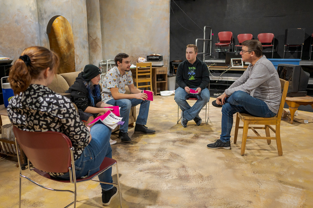 Interim Director of Theatrical Performances Michael Susko speaks to actors during rehearsal for The Whale by Samuel Hunter.