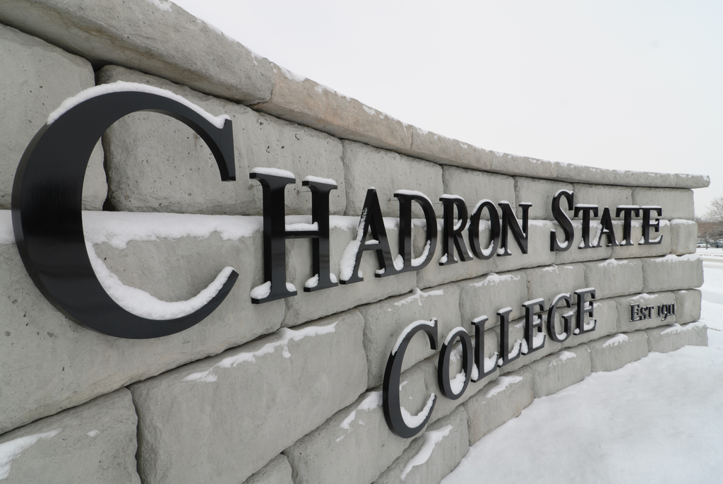 Chadron State College entrance sign cvere3d in snow