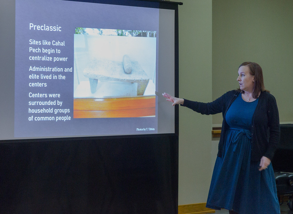 Dr. Tawny Tibbits presents Ray Guns and the Ancient Maya in front of students