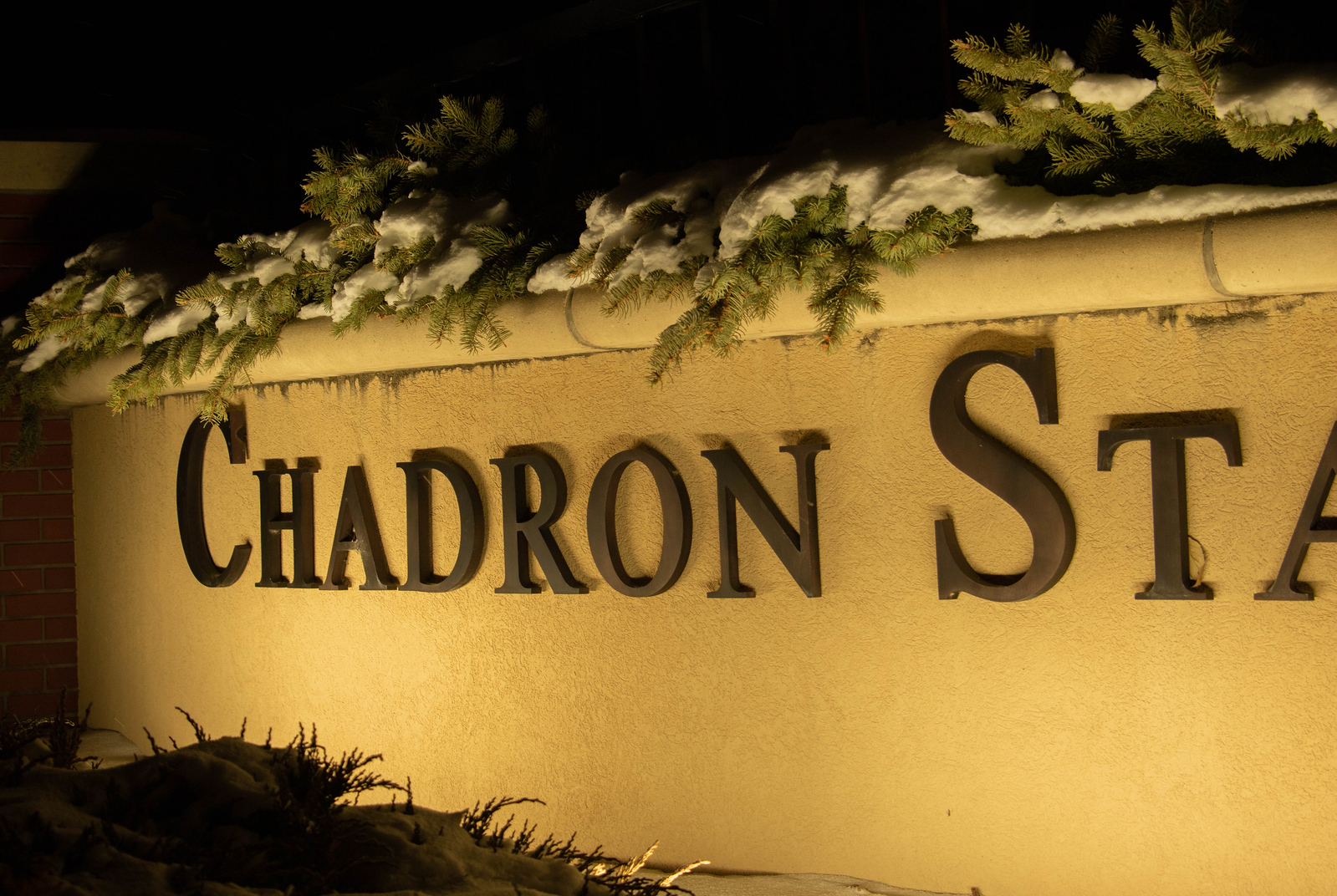 outdoor lighted entrance to Chadron State College