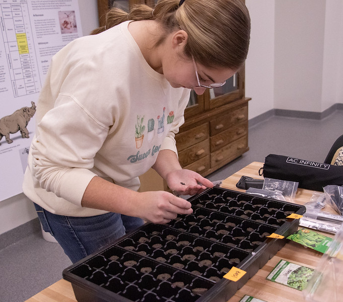 A student planting seeds in a tray