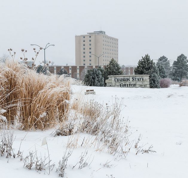 East entrance to Chadron State College covered in snow