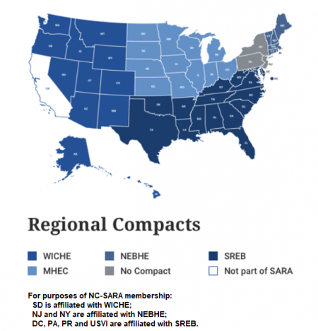 United States map showing states grouped by State Authorization Reciprocity Agreement regional compacts.