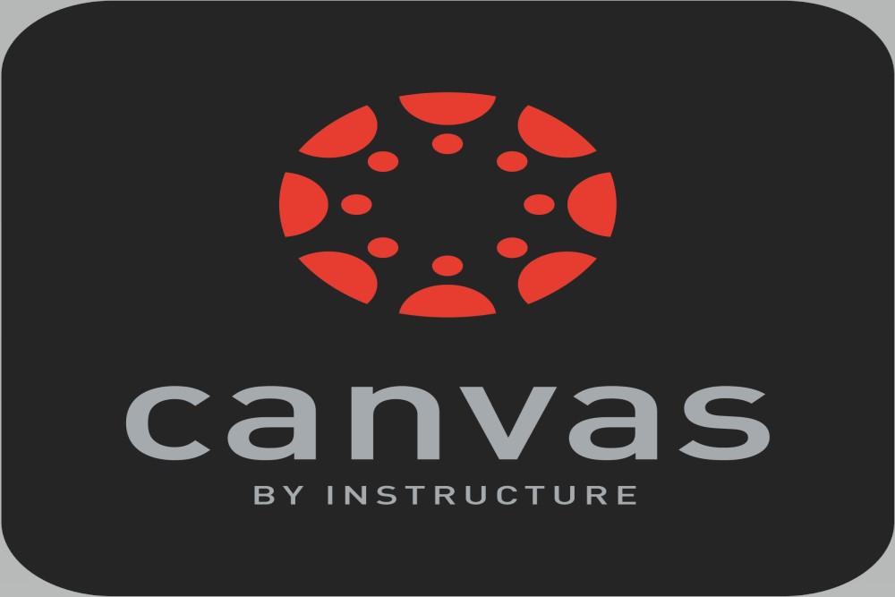 Black background. Canvas Circle-  Reddish orange circle made up of circles and half circles. Gray letters that say Canvas by Instructure.