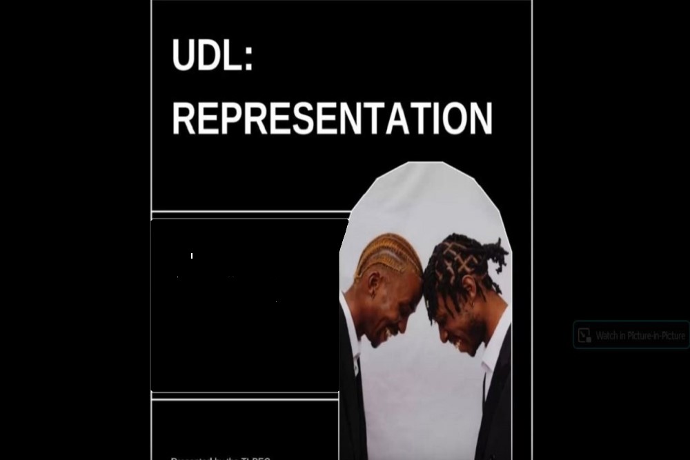 Black background. White lettering says UDL: Representation. White shape. Inside white shape are two African-American males with their foreheads touching.