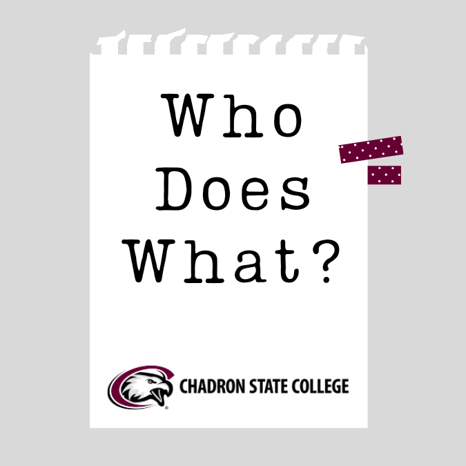 A graphic of a white piece of paper with black lettering saying Who Does What? Chadron State College Eagle logo included