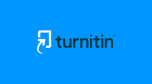 blue background, black text saying Turnitin, white logo of a page with a curved inward arrow.