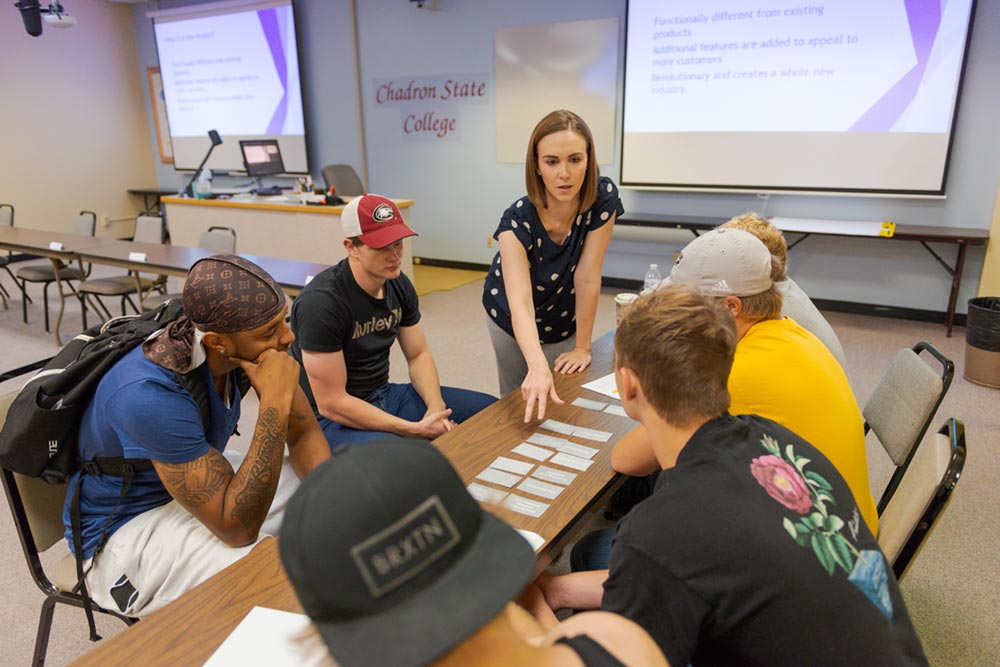 Business classroom scene with a professor gesturing toward a project under discussion by students